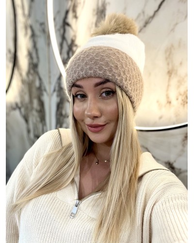 Czapka z pomponem By o la la...! śmietankowa z beżem