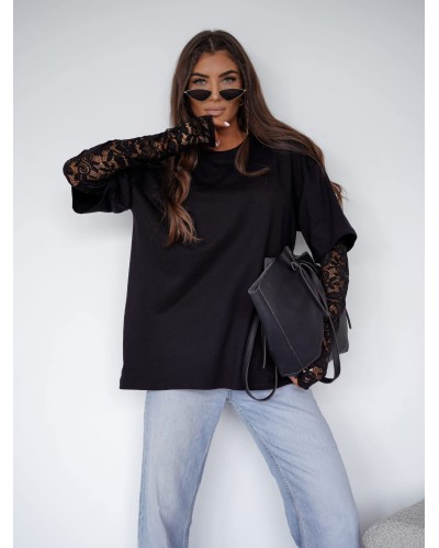 T-shirt z koronkowym rękawem czarny
