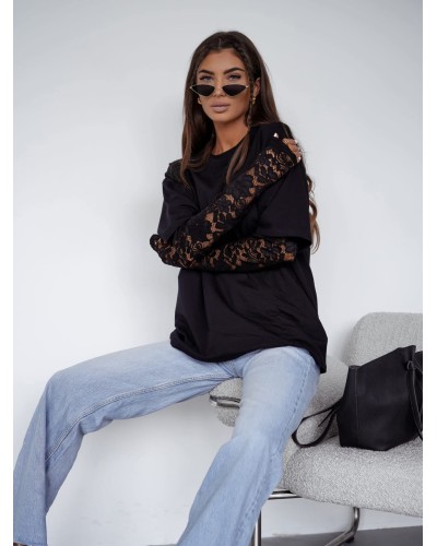 T-shirt z koronkowym rękawem czarny