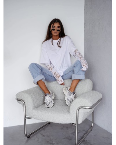 T-shirt z koronkowym rękawem biały