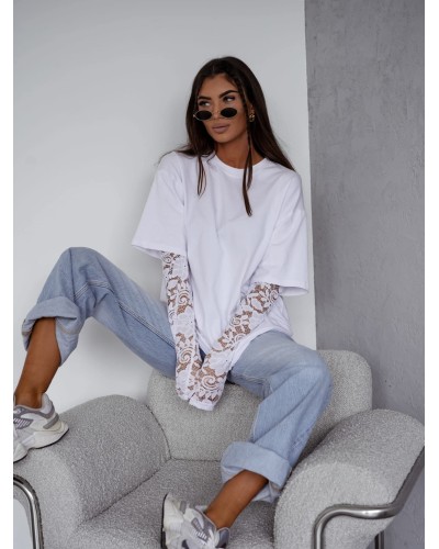 T-shirt z koronkowym rękawem biały