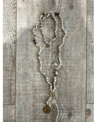 Naszyjnik różaniec z agatu dendrytowego  By o la la...! moneta złota