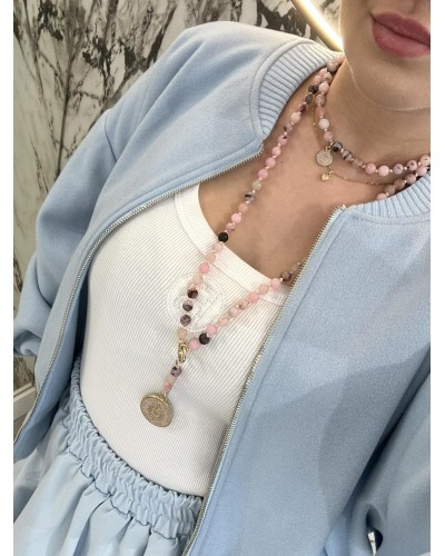 Naszyjnik różaniec z kwarcu różowego By o la la...! moneta złota