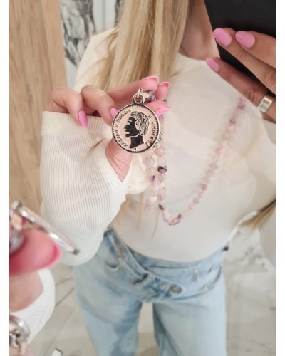 Naszyjnik różaniec z kwarcu różowego By o la la...! moneta srebrna