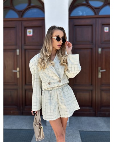 Komplet lniany w kratę La Milla beż z zielonym