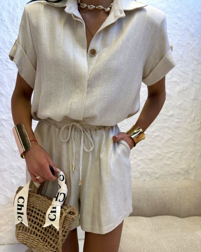 Komplet koszula+ spodenki w paski La Milla beż z żółtym