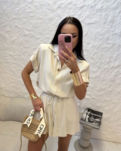 Komplet koszula+ spodenki w paski La Milla beż z żółtym