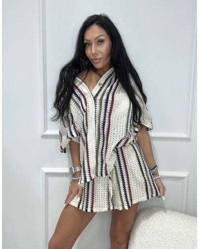 Komplet lniany ażurowy w pasy La Milla