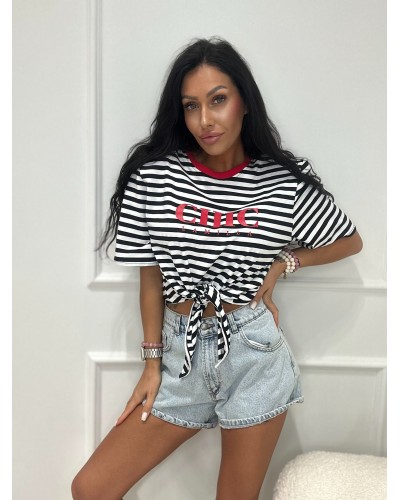 T-shirt w paski CHIC z wiązaniem La Milla biało-czarny