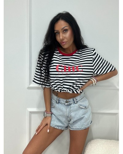 T-shirt w paski CHIC z wiązaniem La Milla biało-czarny