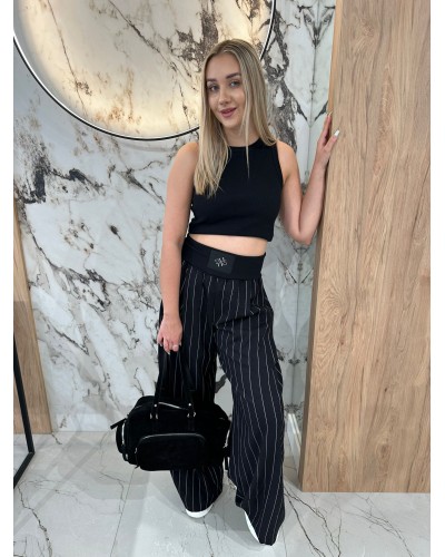 Lniane szerokie spodnie w paski By o la la...! czarne