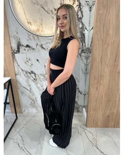 Lniane szerokie spodnie w paski By o la la...! czarne