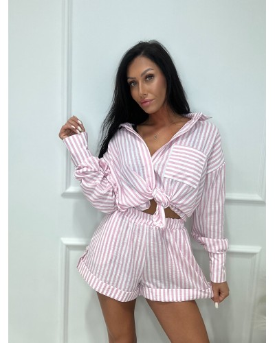 Komplet lniany w różowe paski La Milla