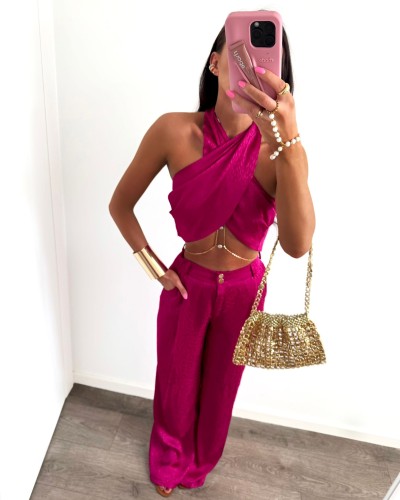 Komplet satynowy w łezki La Milla różowy