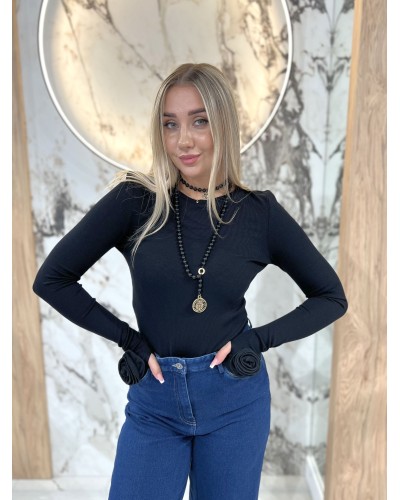 Basic prążkowany z różą na rękawie By o la la...! czarny