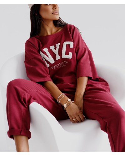 T-shirt NYC By o la la...! merlot z beżowym