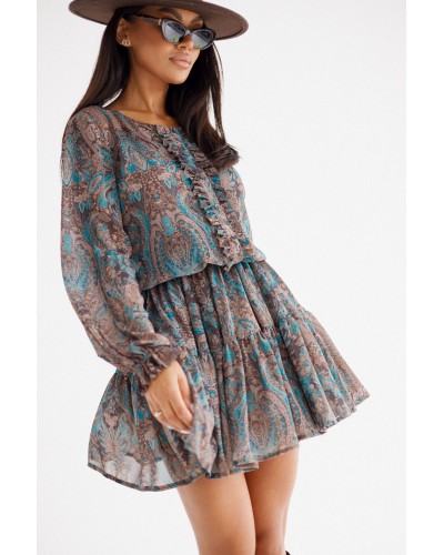 Sukienka wzorzysta By o la la...! beżowa z petrolem