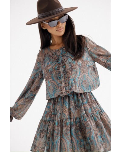 Sukienka wzorzysta By o la la...! beżowa z petrolem