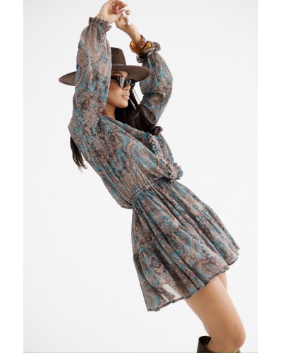 Sukienka wzorzysta By o la la...! beżowa z petrolem