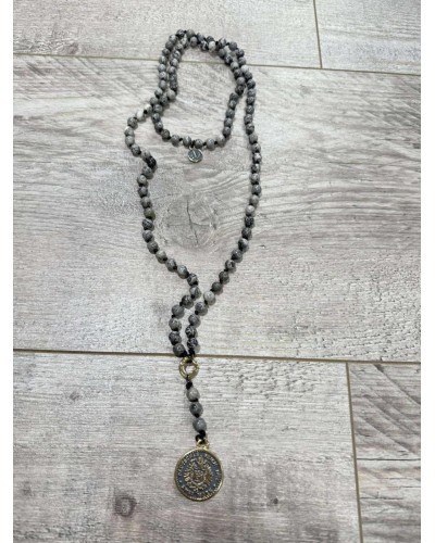 Naszyjnik różaniec z jaspisu szarego By o la la...! moneta złota