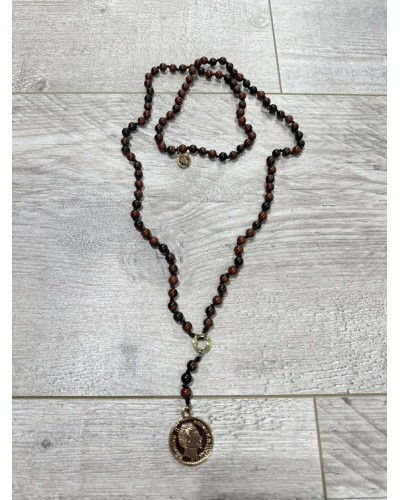 Naszyjnik różaniec z obsydianu mahoniowego By o la la...! moneta złota