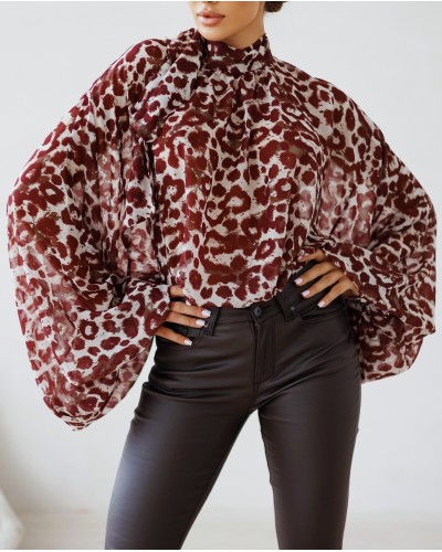 Koszula zwiewna w panterkę By o la la...! merlot z beżem