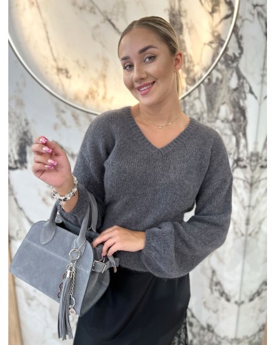 Sweter w szpic z bufiastym rękawem By o la la...! grafitowy