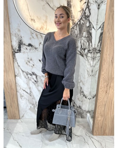 Sweter w szpic z bufiastym rękawem By o la la...! grafitowy