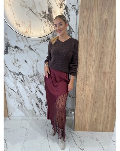 Satynowa spódnica z koronką By o la la...! merlot