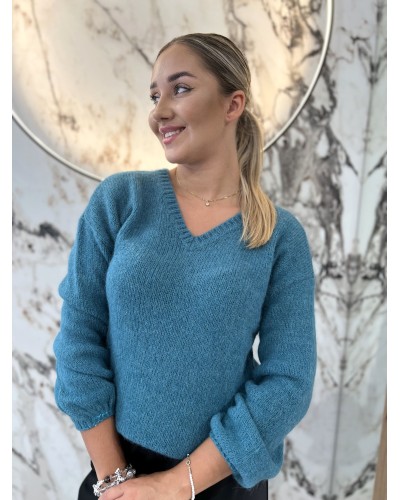 Sweter w szpic z bufiastym rękawem By o la la...! petrol