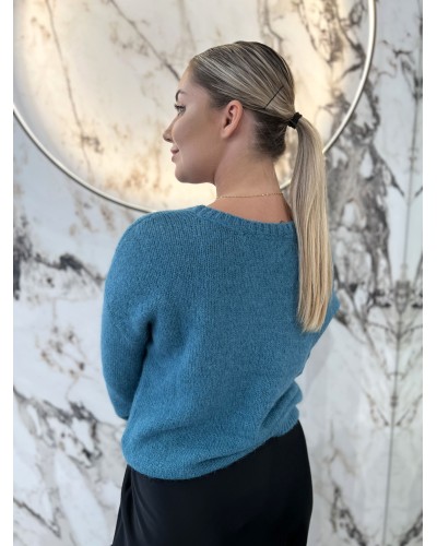 Sweter w szpic z bufiastym rękawem By o la la...! petrol