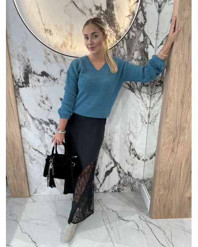 Sweter w szpic z bufiastym rękawem By o la la...! petrol