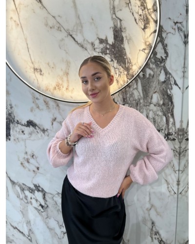 Sweter w szpic z bufiastym rękawem By o la la...! pudrowy róż