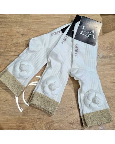 Skarpetki z różą La Milla śmietanowe ze złotem