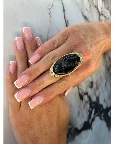 Pierścień panterkowa łza złoty z beżem