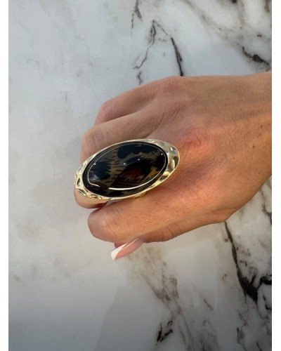 Pierścień panterkowa łza złoty z beżem