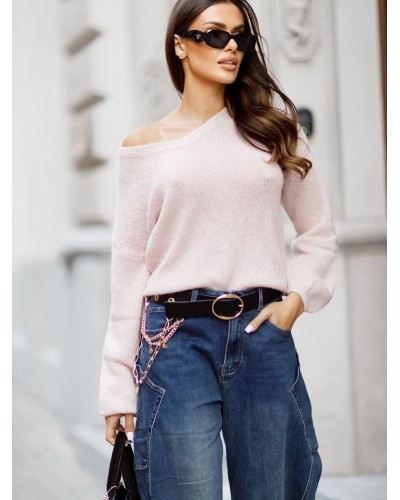 Sweter w szpic z bufiastym rękawem By o la la...! pudrowy róż