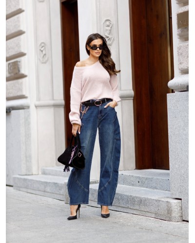 Sweter w szpic z bufiastym rękawem By o la la...! pudrowy róż