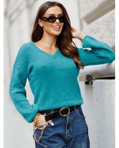 Sweter w szpic z bufiastym rękawem By o la la...! petrol