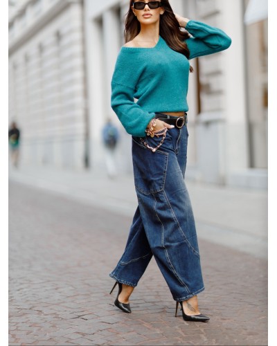 Sweter w szpic z bufiastym rękawem By o la la...! petrol