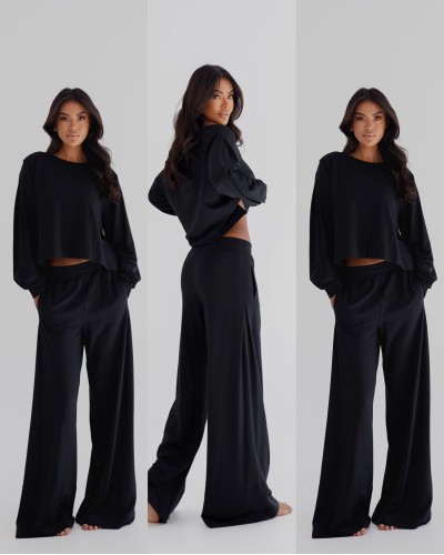 Komplet dresowy szerokie spodnie plus bluza By o la la...! czarny