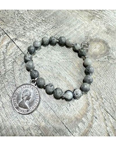 Bransoletka z szarego jaspisu By o la la...! ze srebrną monetą
