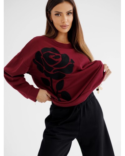 Bluza z haftowaną różą By o la la..! merlot z czernią