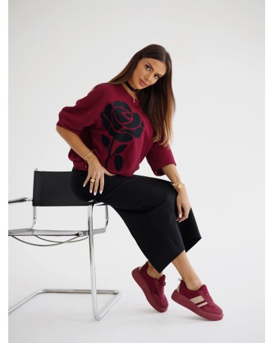 Bluza z haftowaną różą By o la la..! merlot z czernią