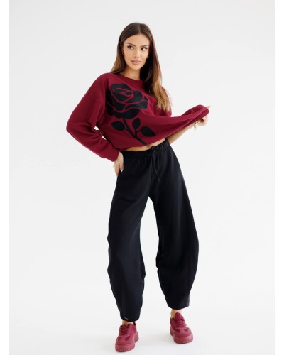 Bluza z haftowaną różą By o la la..! merlot z czernią