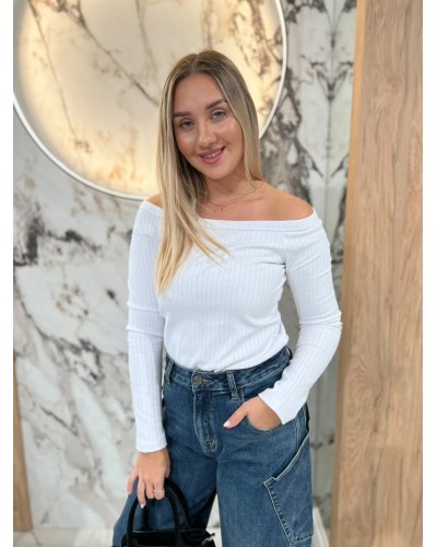 Basic prążkowany z dekoltem w łódkę By o la la...! biała