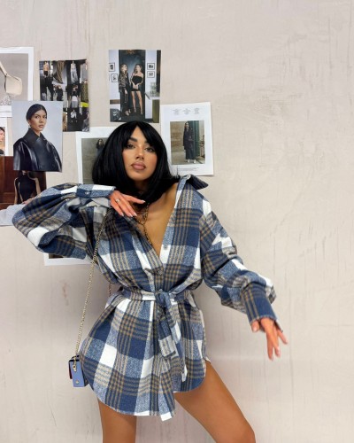 Koszula ocieplana z paskiem w kratę La Milla niebieska