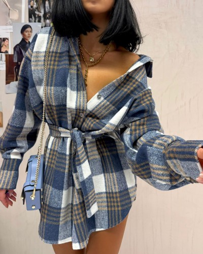 Koszula ocieplana z paskiem w kratę La Milla niebieska