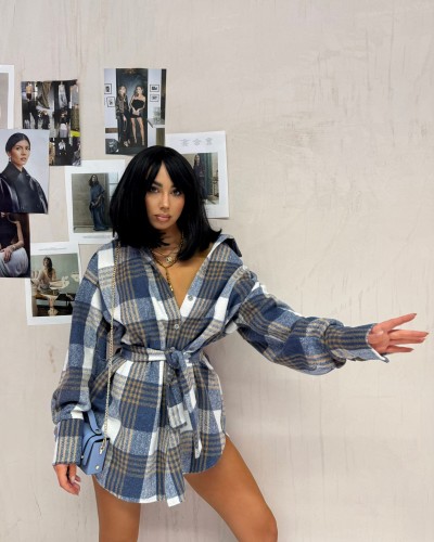 Koszula ocieplana z paskiem w kratę La Milla niebieska