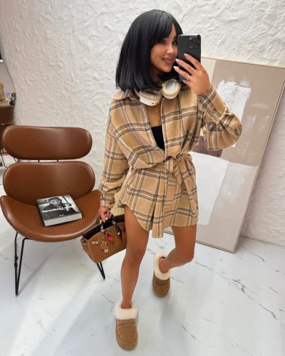 Koszula ocieplana z paskiem w kratę La Milla beżowa